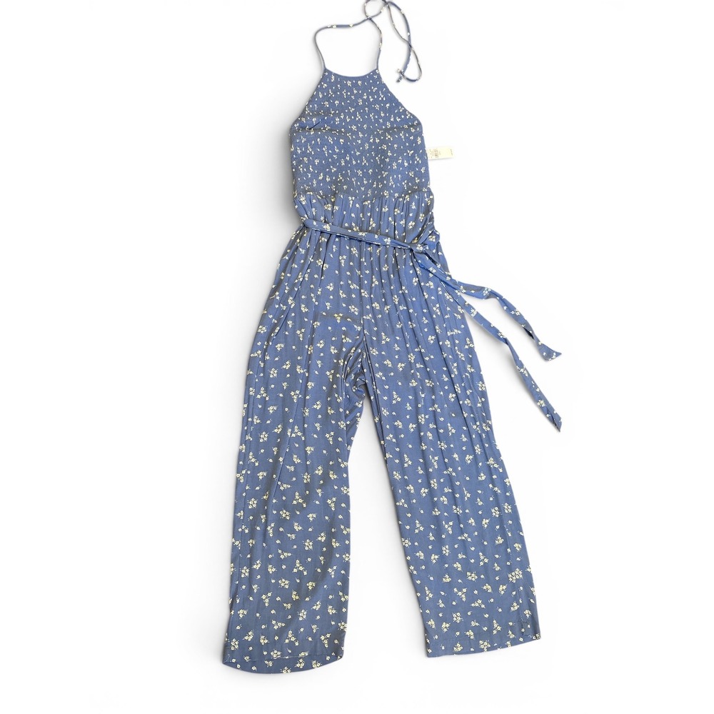 NWT American Eagle Bella Smocked Jumpsuit Sz XL Blue Floral Cottagecore - Picture 4 of 7